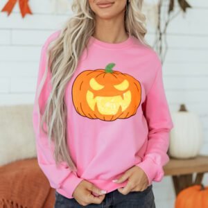 Pink Embroidered Pumpkin Face Long Sleeve Round Neck Sweatshirt