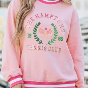 Pink Embroidered Tennis Club Crew Neck Pullover Sweatshirt