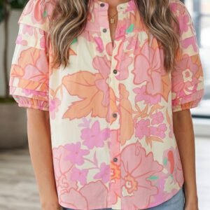 Pink Floral Print Button Down Pintuck Short Sleeve Shirt