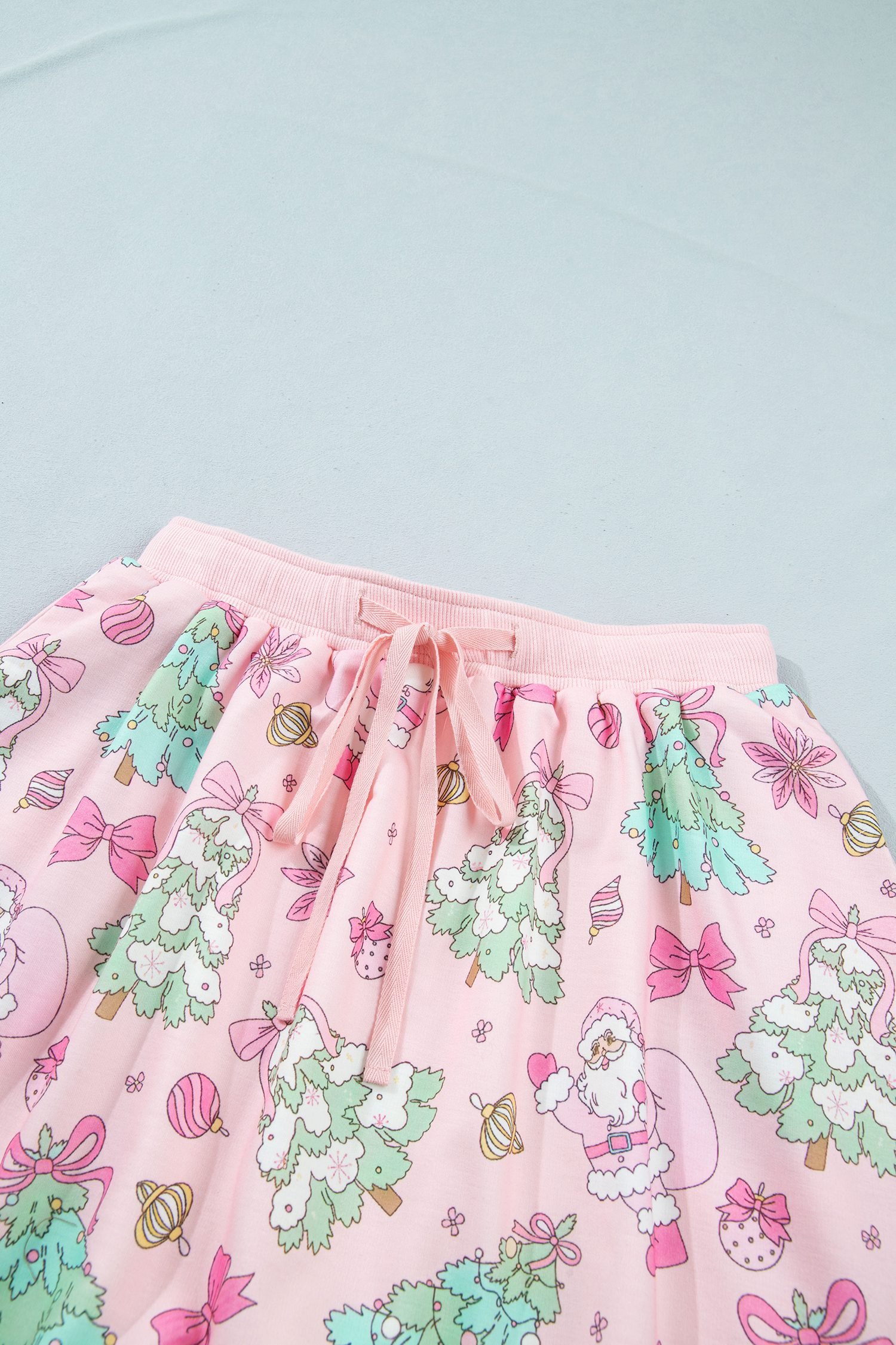 Pink Floral Print Lace Trim Long Sleeve Skirt Set
