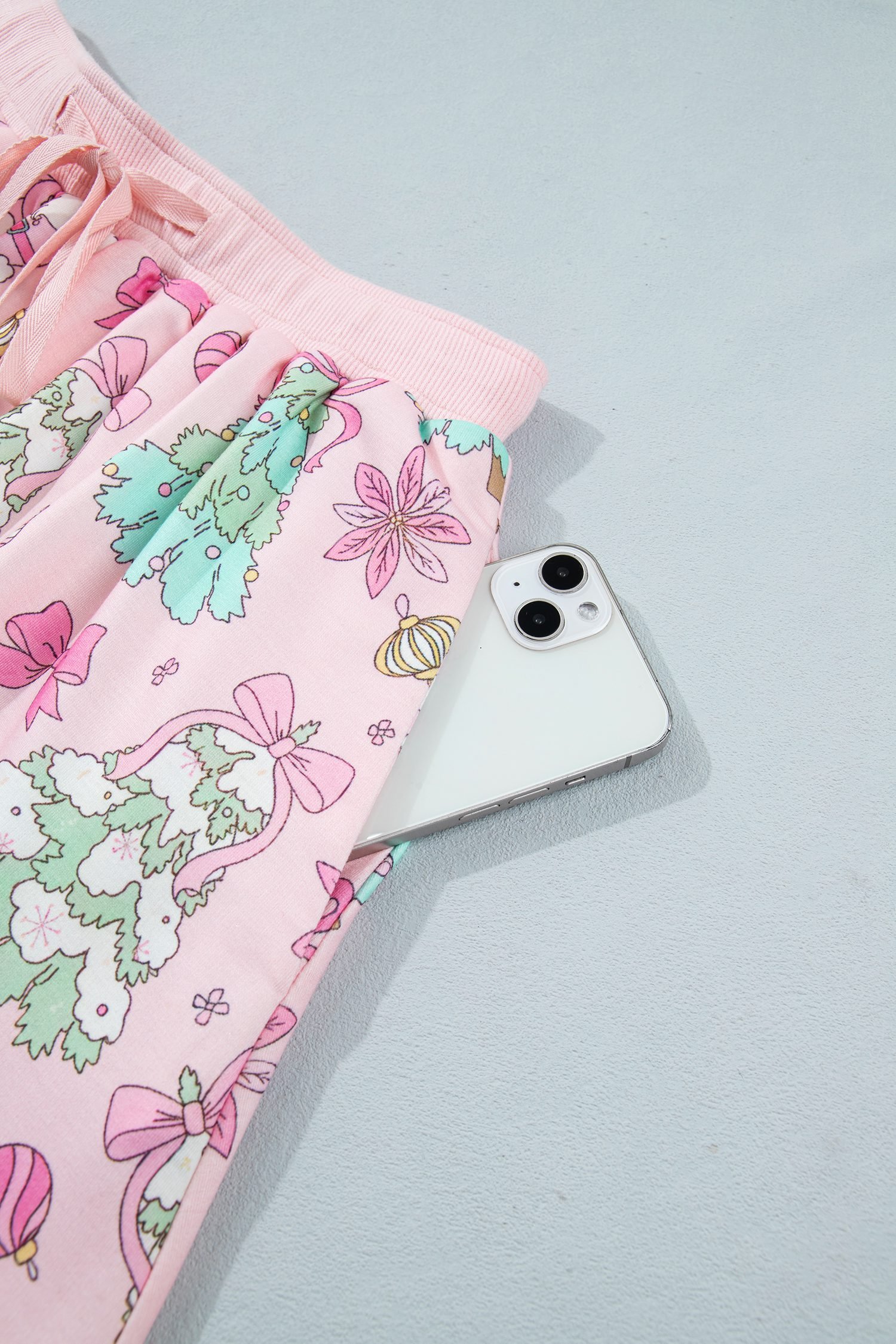 Pink Floral Print Lace Trim Long Sleeve Skirt Set