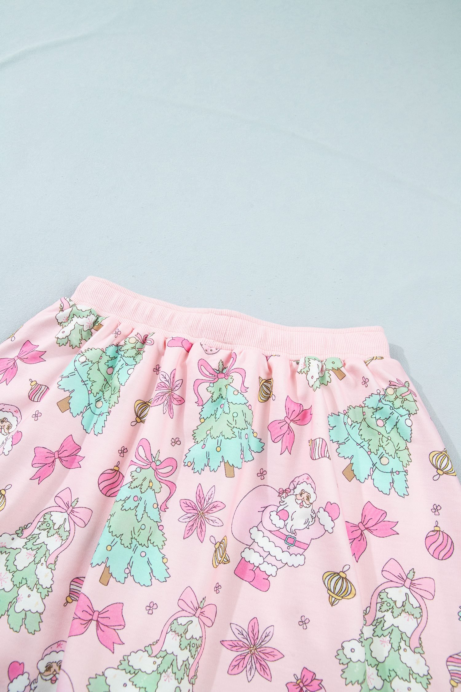 Pink Floral Print Lace Trim Long Sleeve Skirt Set