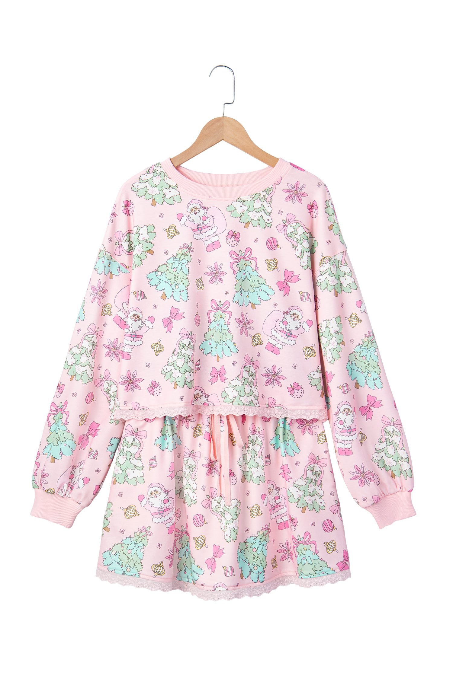 Pink Floral Print Lace Trim Long Sleeve Skirt Set