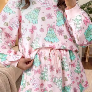 Pink Floral Print Lace Trim Long Sleeve Skirt Set