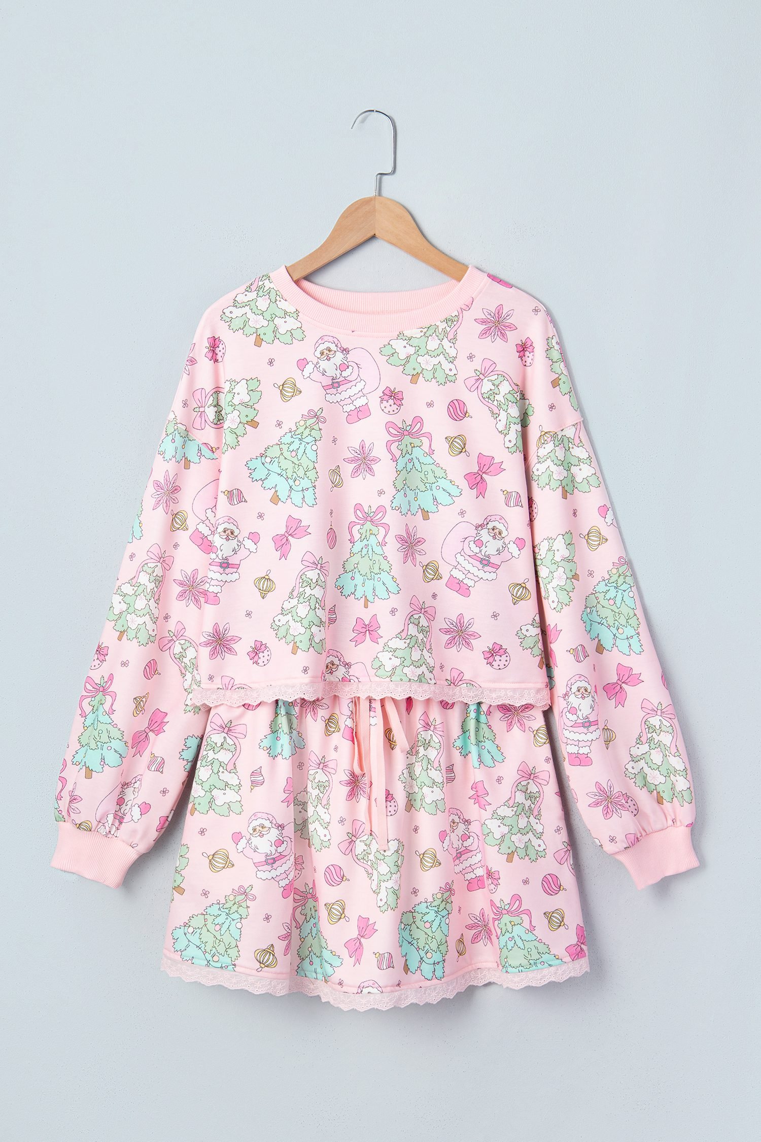Pink Floral Print Lace Trim Long Sleeve Skirt Set