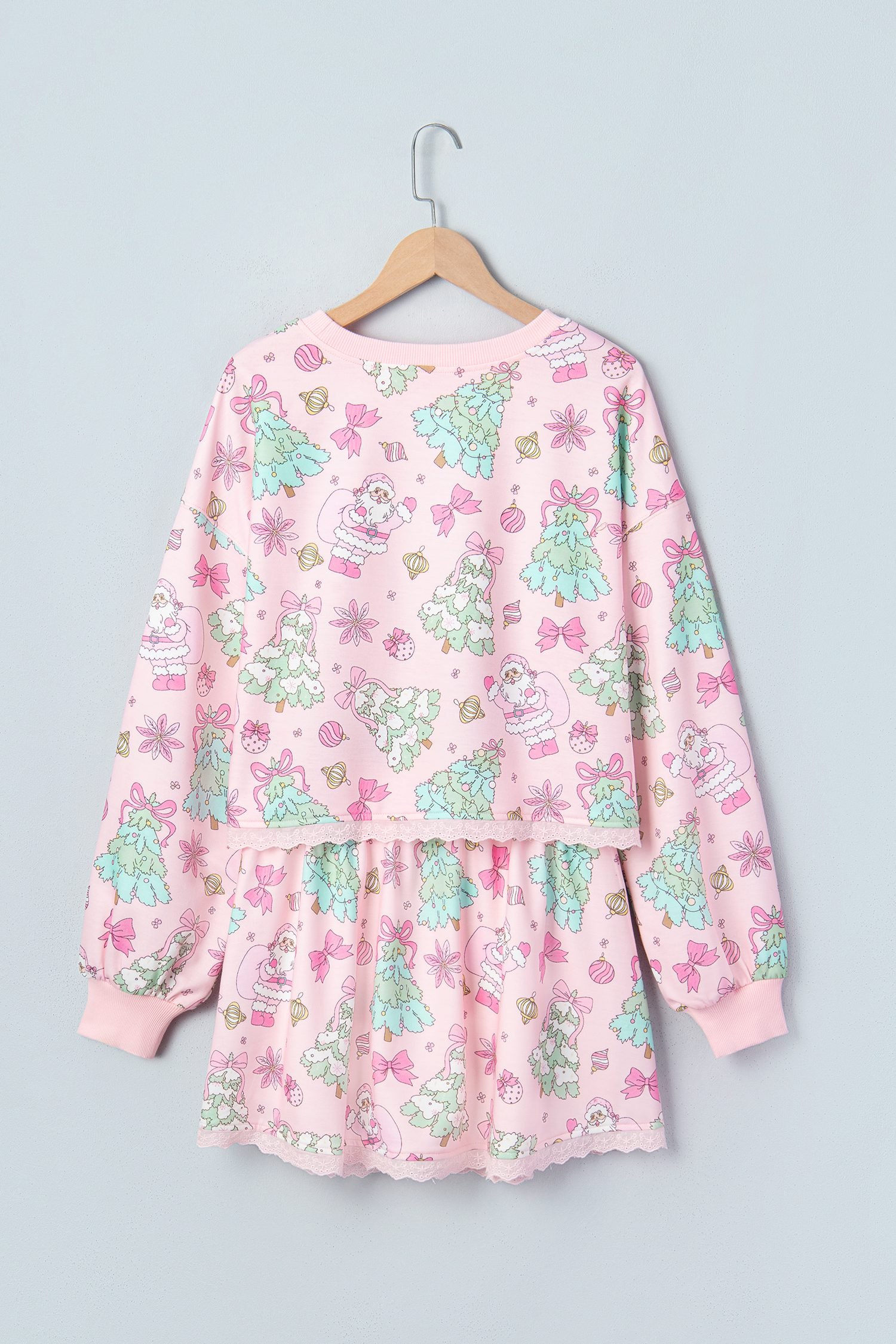 Pink Floral Print Lace Trim Long Sleeve Skirt Set