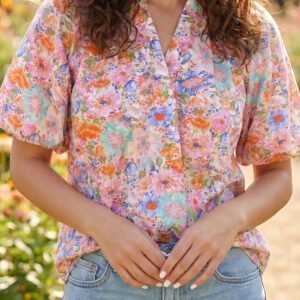 Pink Floral Print V Neck Short Sleeve Shift Blouse