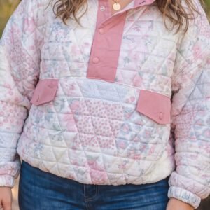 Pink Floral Quilted V-Neck Plus Size Fake Pocket Sweatshirt