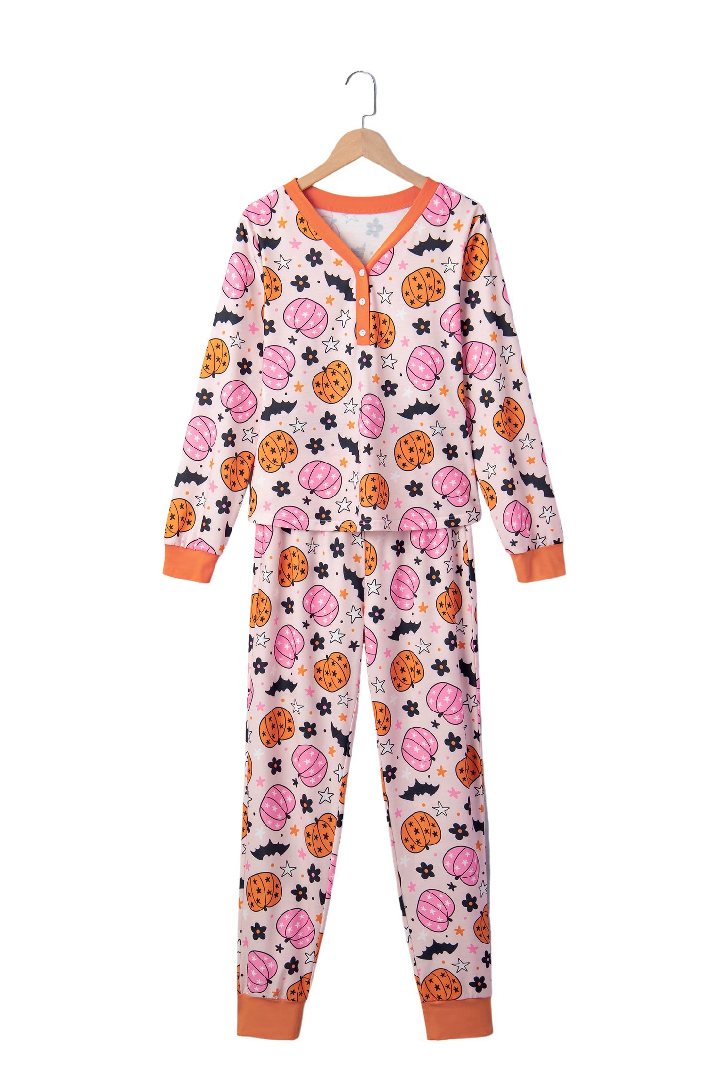Pink Halloween Pumpkin Print Long Sleeve Home Wear Lounge Set