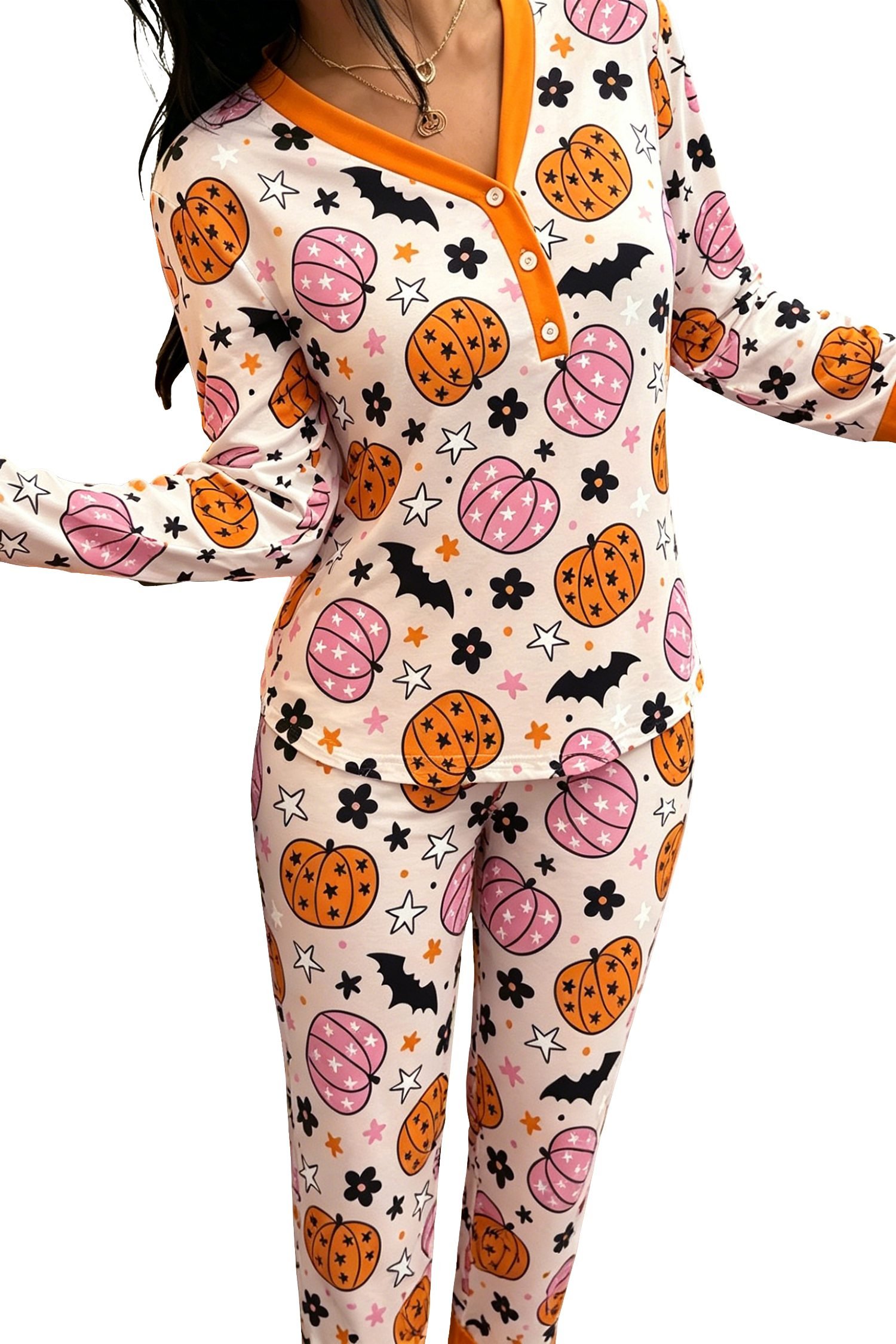 Pink Halloween Pumpkin Print Long Sleeve Home Wear Lounge Set