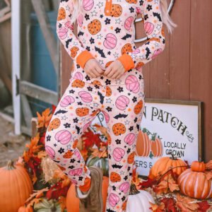 Pink Halloween Pumpkin Print Long Sleeve Home Wear Lounge Set