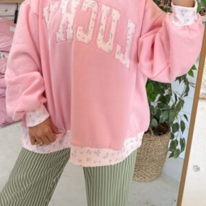 Pink High Neck Floral Patch Embroidery Long Sleeve Sweatshirt