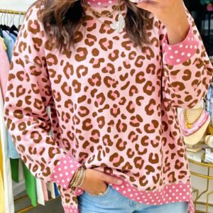 Pink Leopard Polka Dot Colorblock Trim Long Sleeve Top