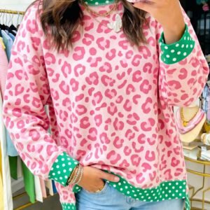 Pink Leopard Polka Dot Colorblock Trim Long Sleeve Top