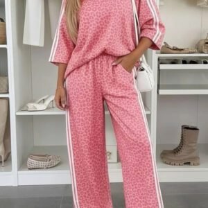 Pink Leopard Print Varsity Striped Detail 3/4 Sleeve Top Shift Pant Set
