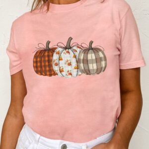 Pink Mix Pattern Pumpkin Print Round Neck T Shirt