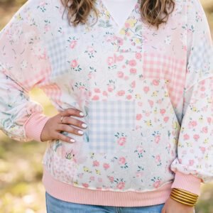 Pink Patchwork Floral Print Long Sleeve Tunic Plus Size Blouse