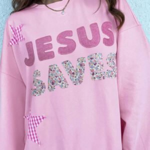 Pink Patchwork Stars Plaid Unique Floral Letters Baggy Sweatshirt