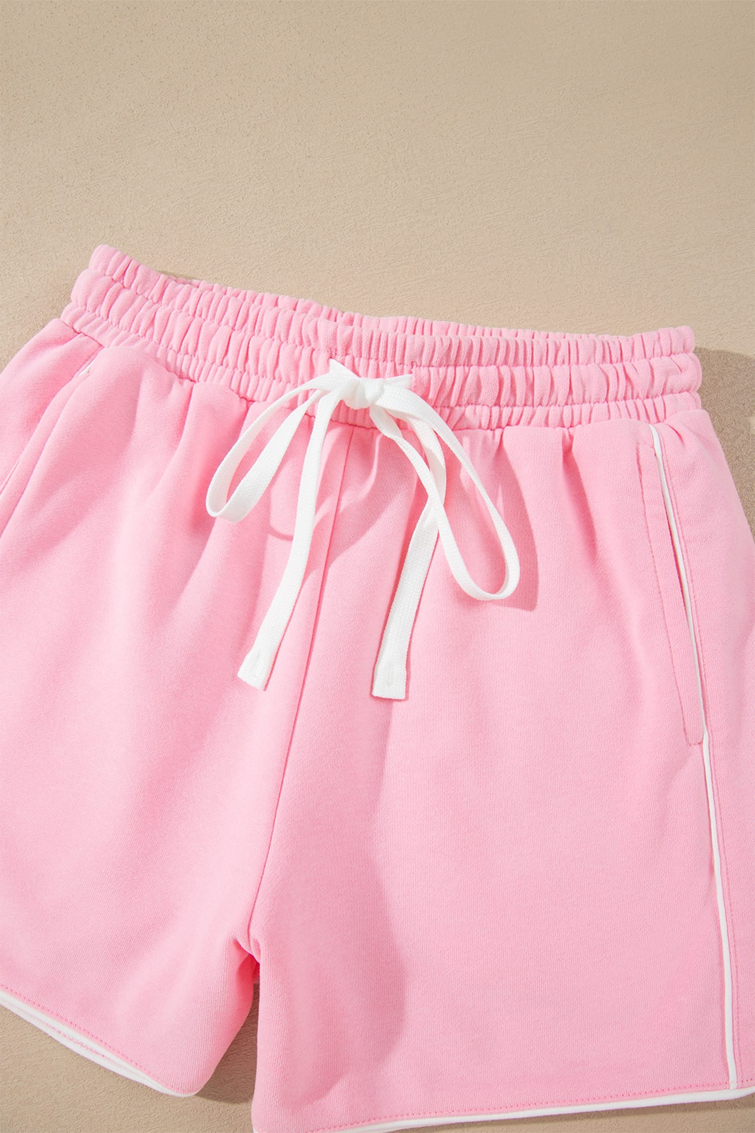 Pink Piping Trim Long Sporty Pullover Drawstring Elastic Waist Shorts Set