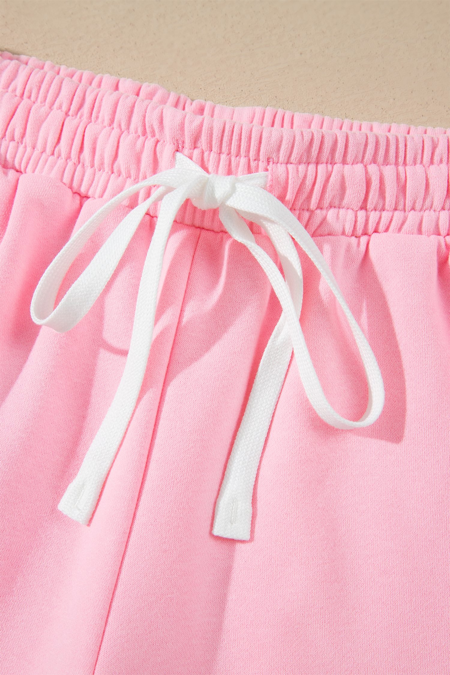 Pink Piping Trim Long Sporty Pullover Drawstring Elastic Waist Shorts Set