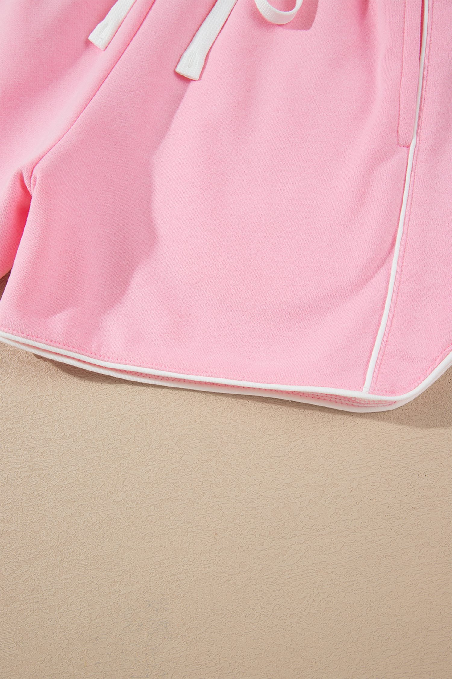 Pink Piping Trim Long Sporty Pullover Drawstring Elastic Waist Shorts Set