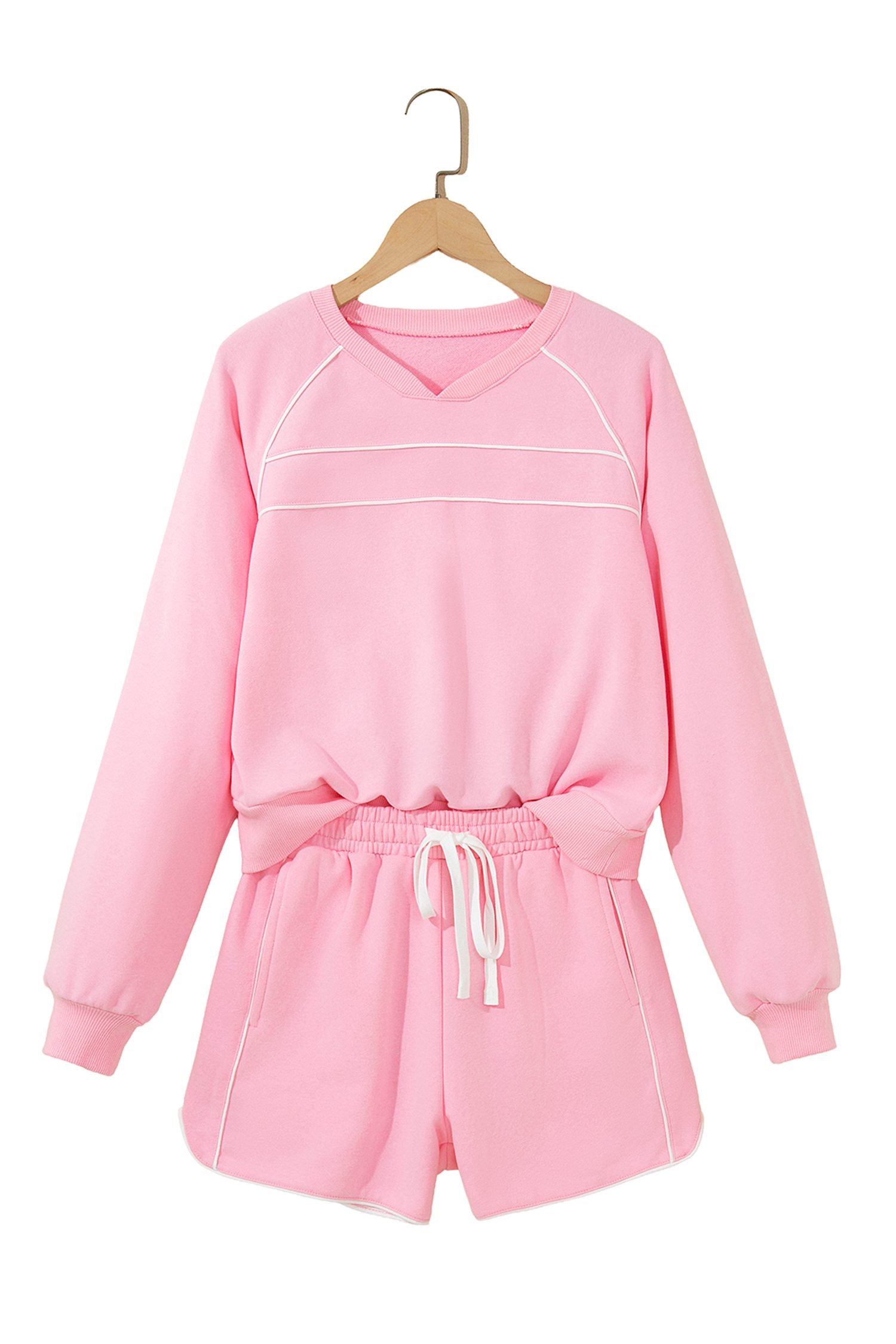 Pink Piping Trim Long Sporty Pullover Drawstring Elastic Waist Shorts Set