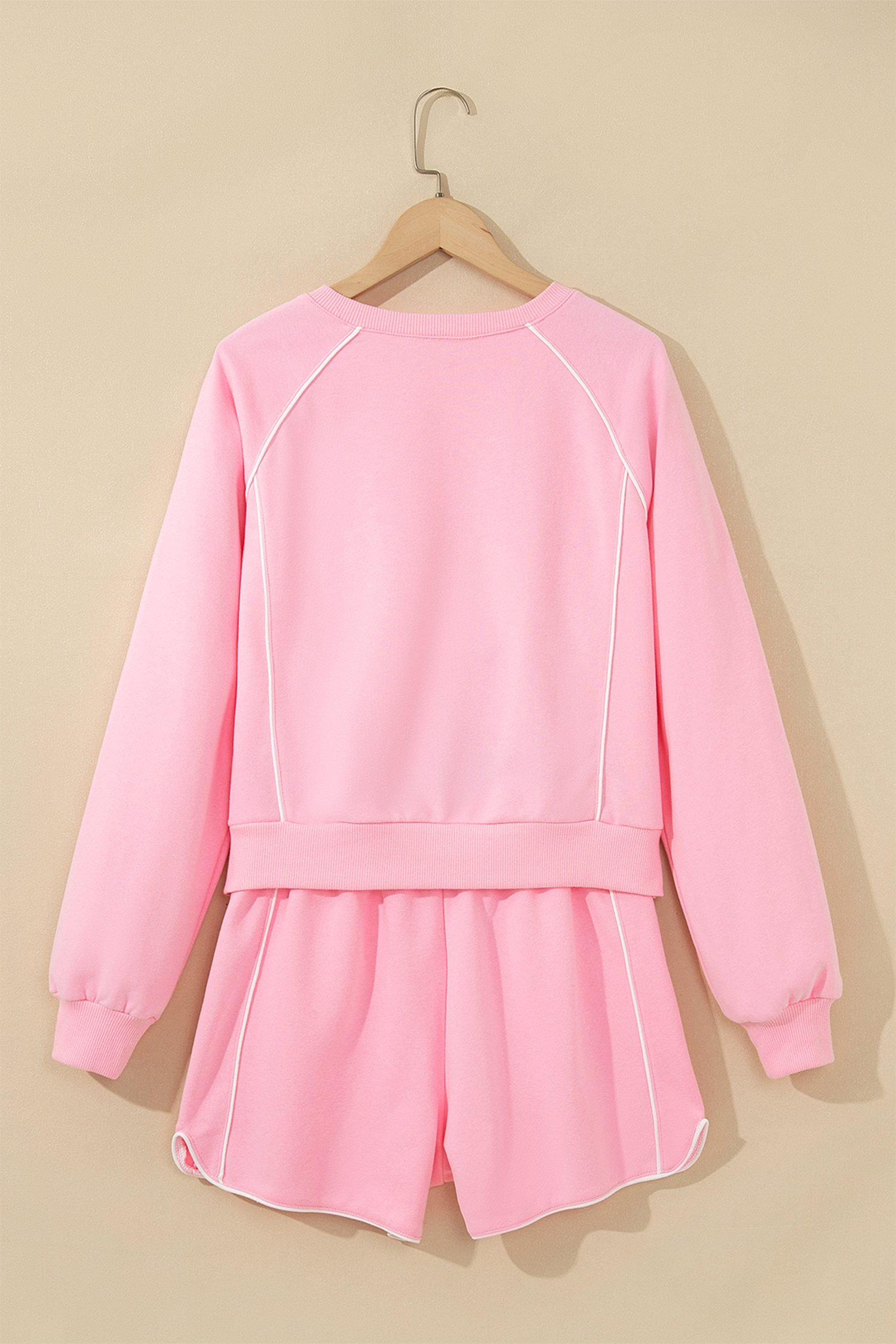 Pink Piping Trim Long Sporty Pullover Drawstring Elastic Waist Shorts Set