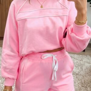 Pink Piping Trim Long Sporty Pullover Drawstring Elastic Waist Shorts Set
