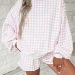Pink Plaid Baggy Pullover Drawstring Casual Shorts 2pcs Outfit