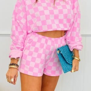 Pink Plaid Checkered Long Sleeve Crop Top Elastic Waist Shorts Two Piece Set