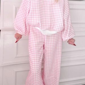 Pink Plaid Long Sleeve Two Piece Pant Set