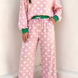 Pink Polka Dot Contrast Trim Long Sleeve Top Drawstring Shift Pants Set