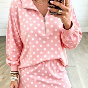 Pink Polka Dot Hooded Long Sleeve Top Casual Mini Skort Set