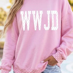Pink Polka Dot Letter Print Mock Neck Pullover Sweatshirt
