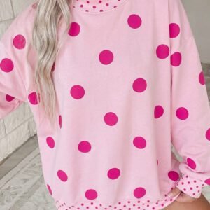 Pink Polka Dot Print Contrast Detail Oversized Tunic Sweatshirt