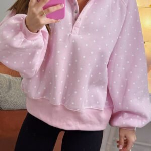 Pink Polka Dot Print Metal Button Collar Casual Pullover Sweatshirt