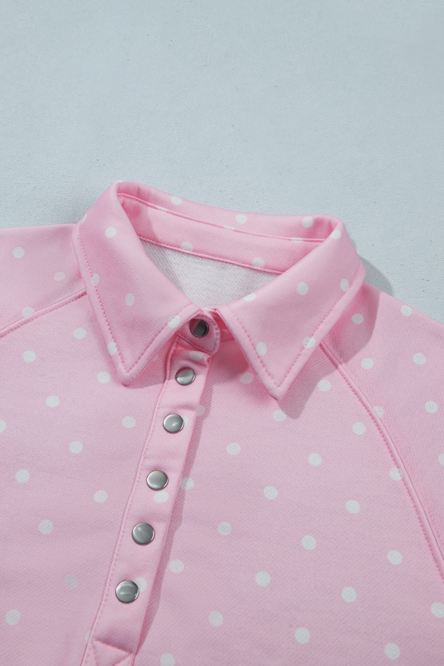 Pink Polka Dot Print Metal Button Collar Casual Pullover Sweatshirt