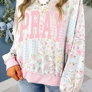 Pink PRAY Graphic Floral Mixed Print Patchwork Knit Top
