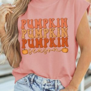 Pink Pumpkin Season Print Graphic Mock Neck T Shirt