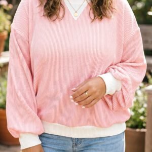 Pink Ribbed Knit Colorblock Long Sleeve Round Neck Plus Size Blouse