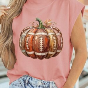 Pink Rugby Pumpkin Graphic Mock Neck Cap Sleeve Top