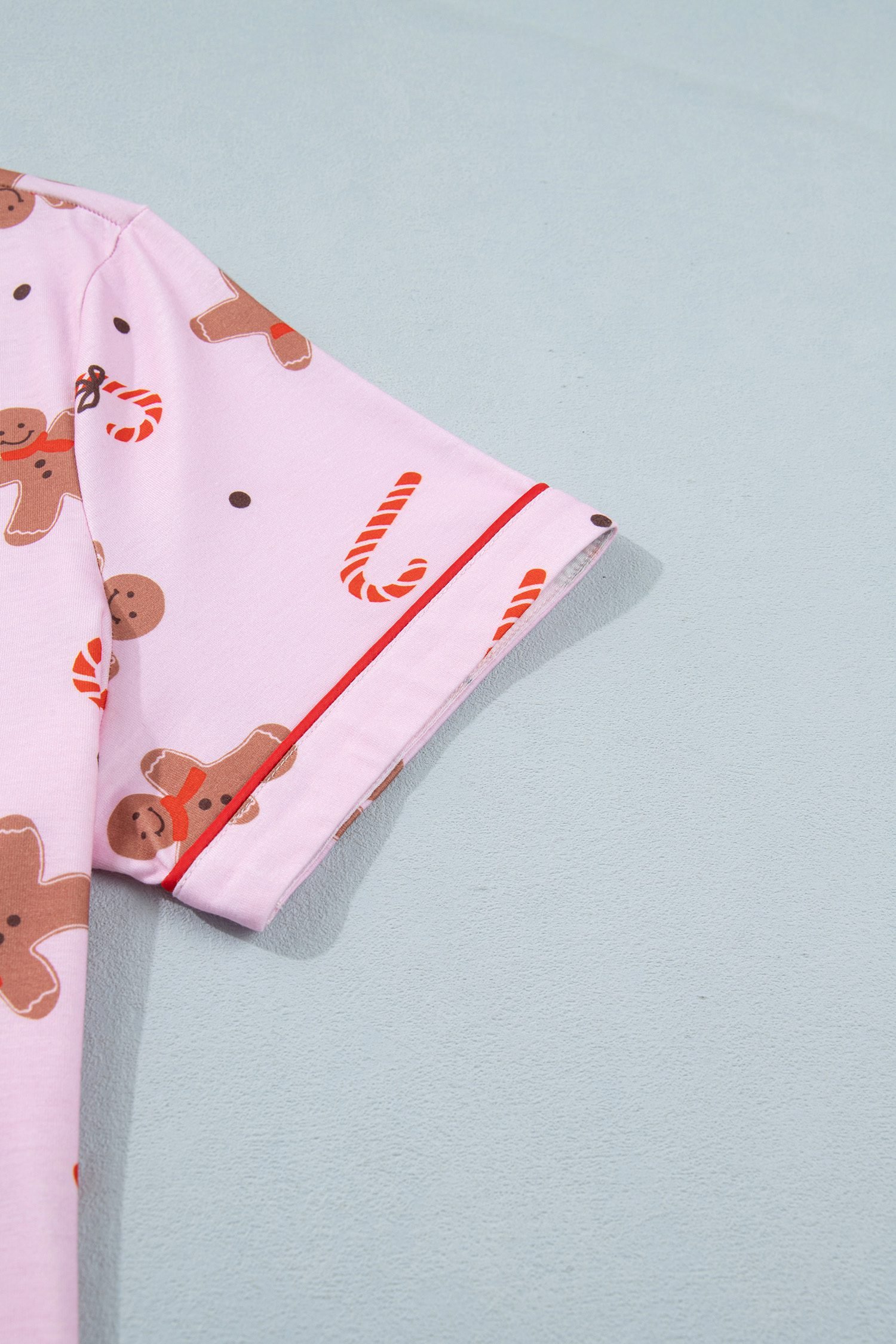 Pink Short Sleeve Placket Shell Button Elastic Waist Lounge Set