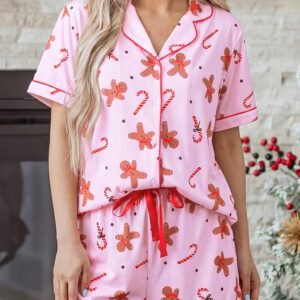 Pink Short Sleeve Placket Shell Button Elastic Waist Lounge Set