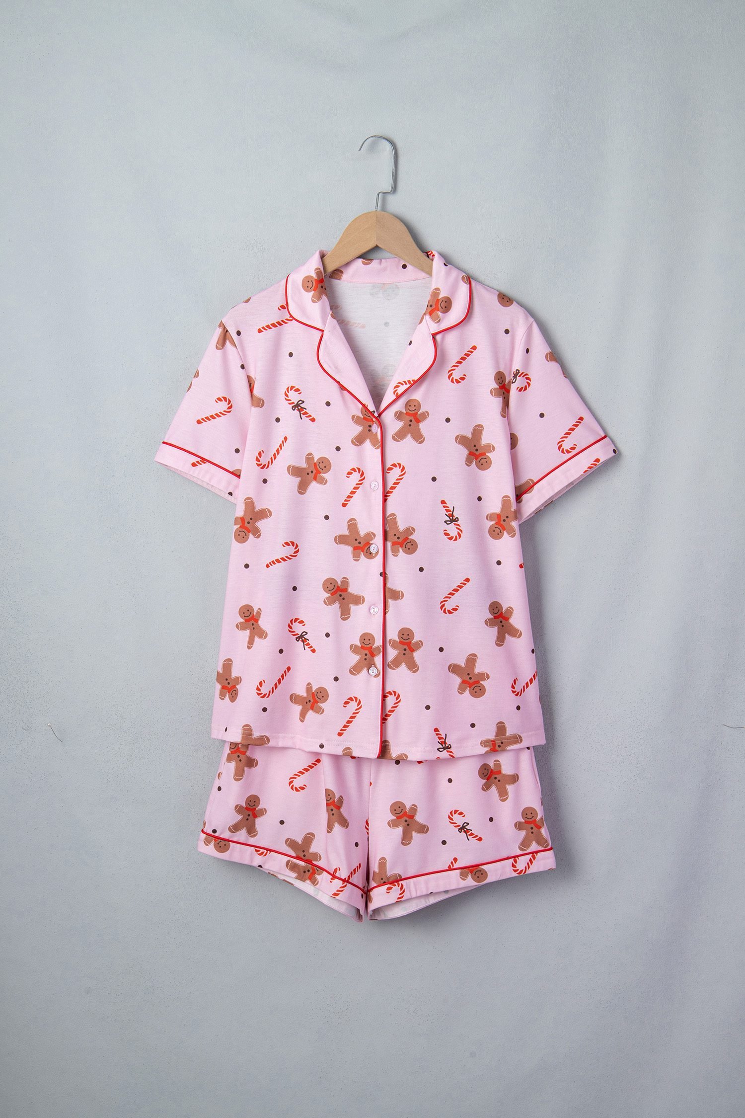Pink Short Sleeve Placket Shell Button Elastic Waist Lounge Set
