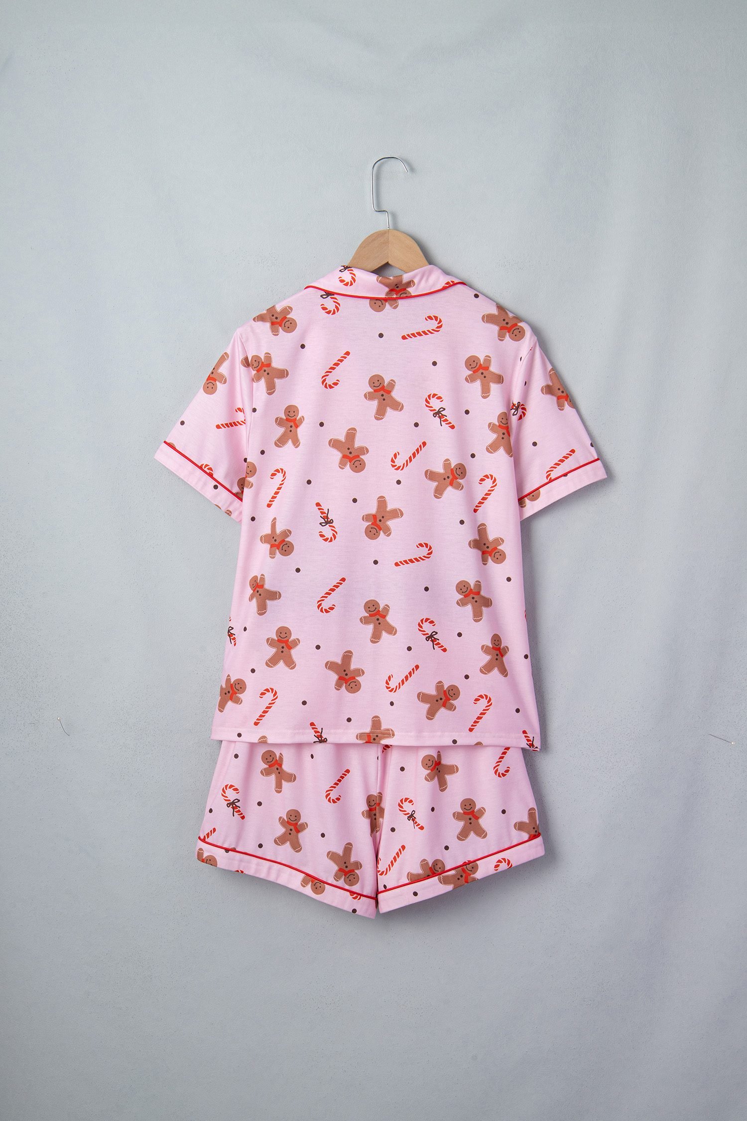 Pink Short Sleeve Placket Shell Button Elastic Waist Lounge Set