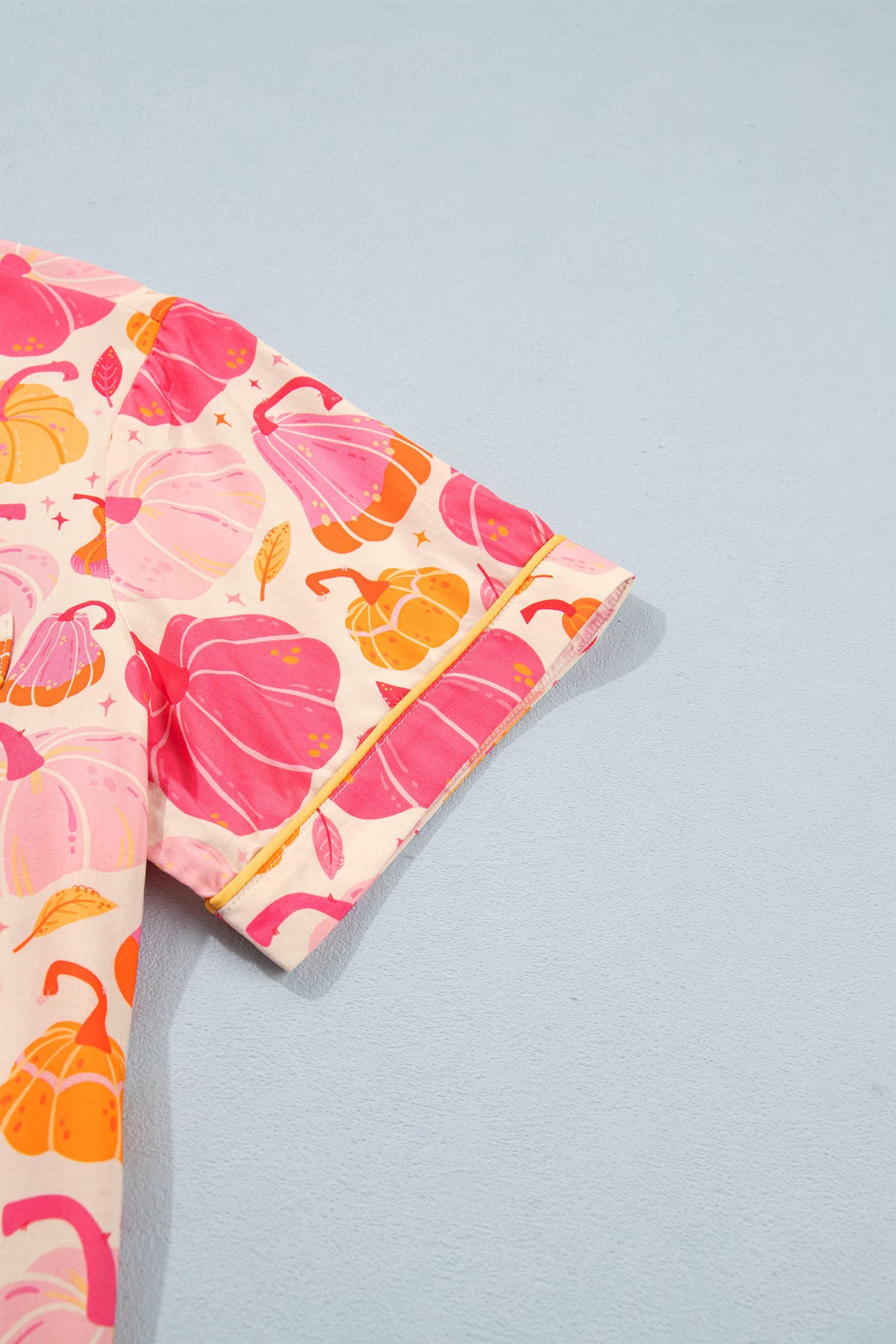 Pink Short Sleeve Pumpkin Print Pocket Placket Shell Button Lounge Set