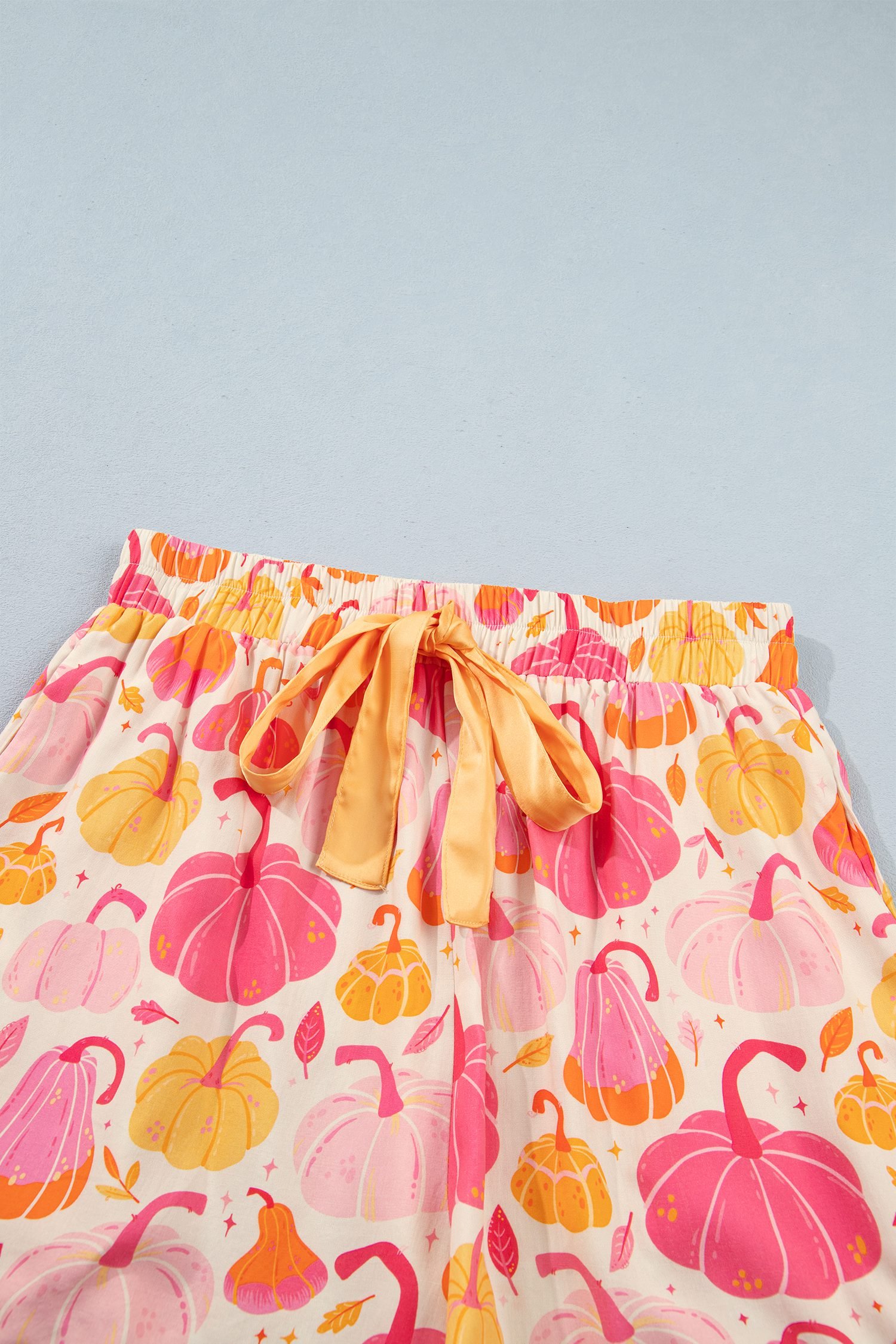 Pink Short Sleeve Pumpkin Print Pocket Placket Shell Button Lounge Set