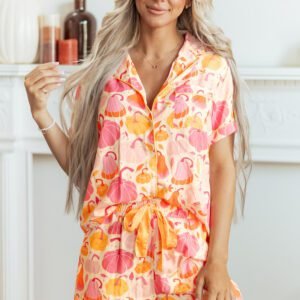 Pink Short Sleeve Pumpkin Print Pocket Placket Shell Button Lounge Set