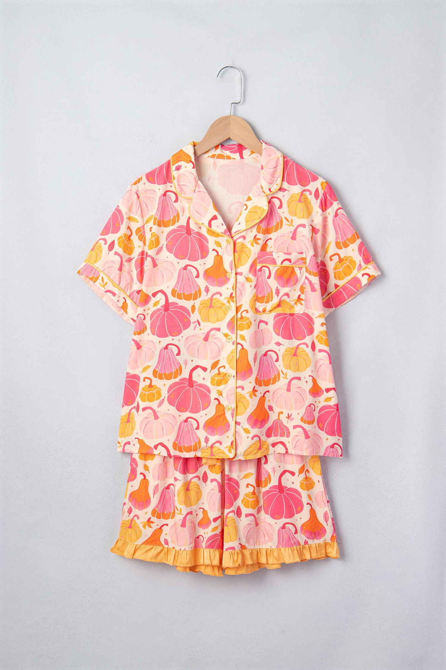 Pink Short Sleeve Pumpkin Print Pocket Placket Shell Button Lounge Set