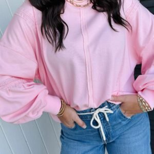 Pink Solid Color Raw Seam Lace Detail Loose Casual Sweatshirt